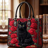 Rose And Black Cat Quilted Leather Strap Bible Handbag