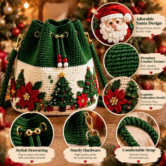 🎄3D Crochet Christmas Bucket Bag✨Festive Crossbody Purse with Detachable Strap