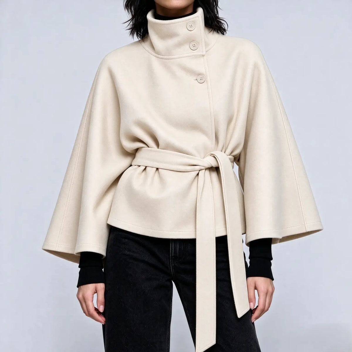Women's Mandarin Collar Coat with Slanted Button Row