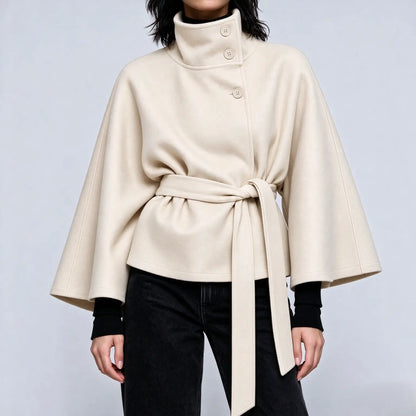 Women's Mandarin Collar Coat with Slanted Button Row