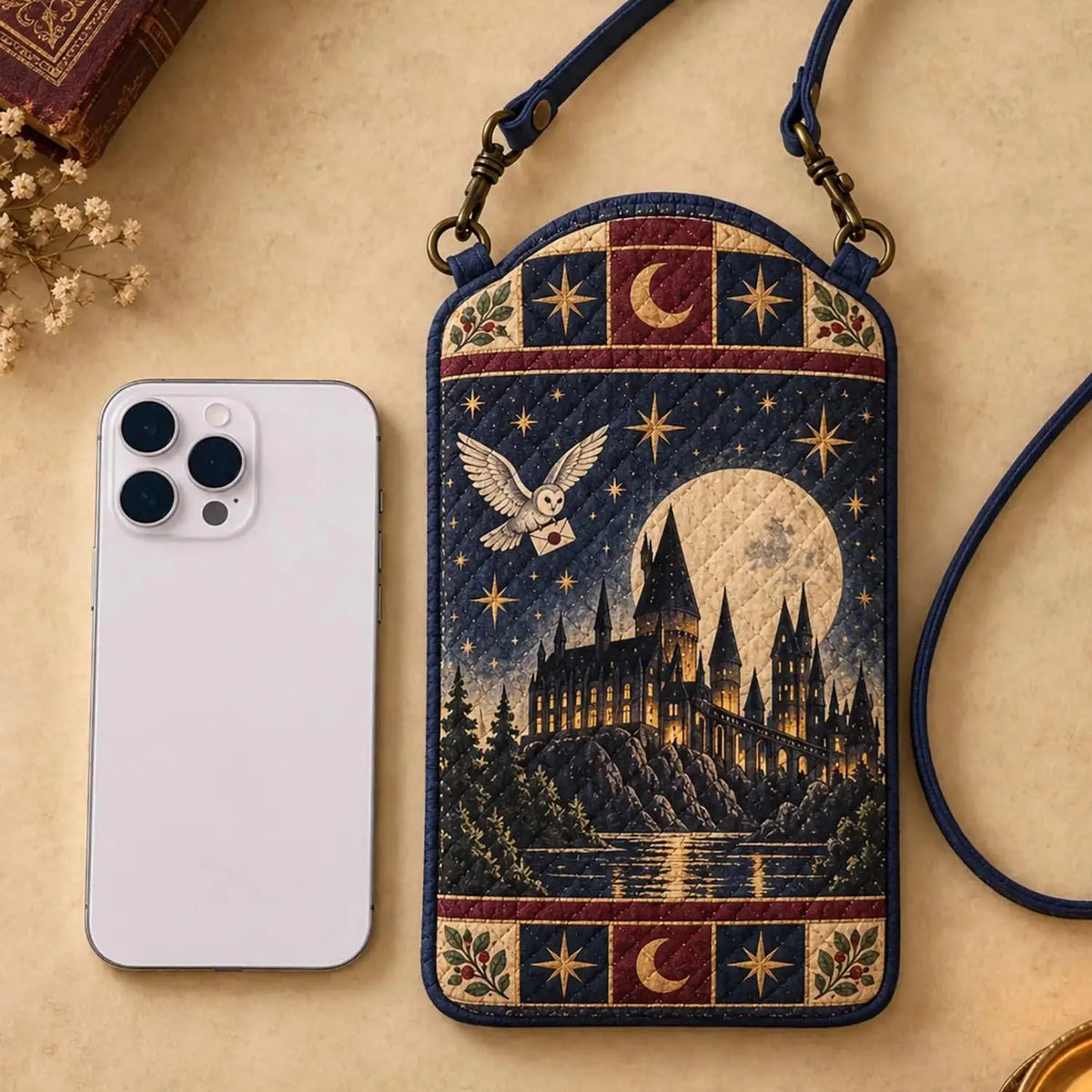 Medieval Castle Snow Owl Star‑Moon Quilted Slim Phone Crossbody Bag