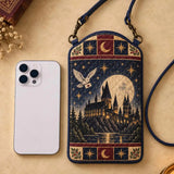 Medieval Castle Snow Owl Star‑Moon Quilted Slim Phone Crossbody Bag