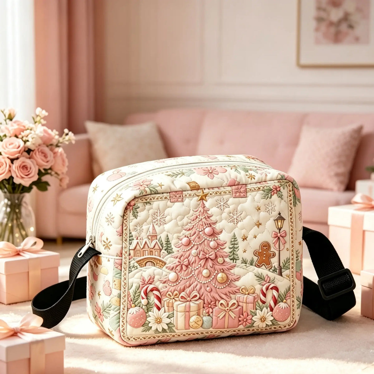 Pink Christmas Tree Quilted Crossbody Bag