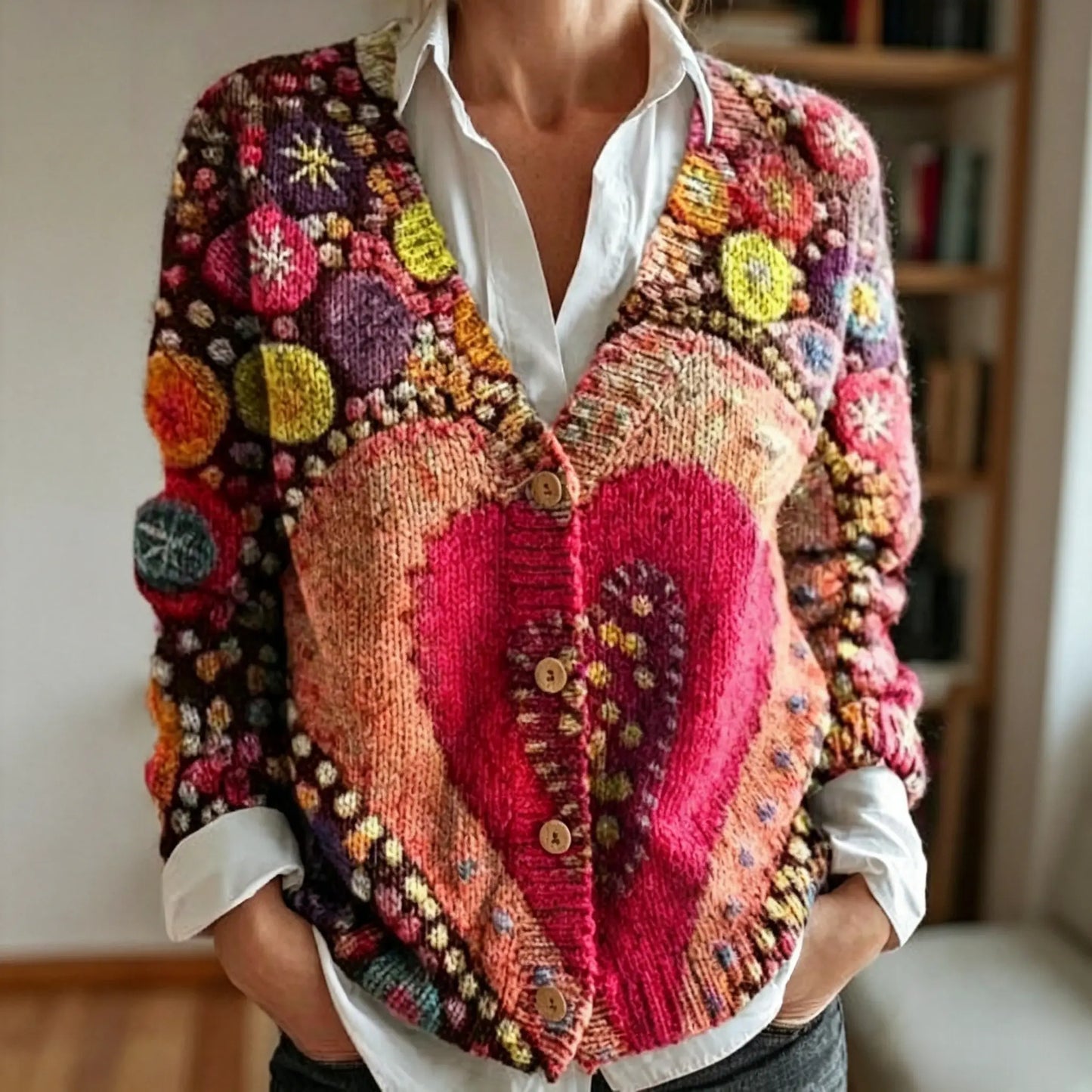 Women's Vintage Floral Art Pattern Print Buttoned Cardigan Sweater