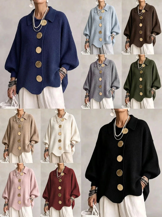 Oversized Collared Knit Cardigan With Large Metal Buttons