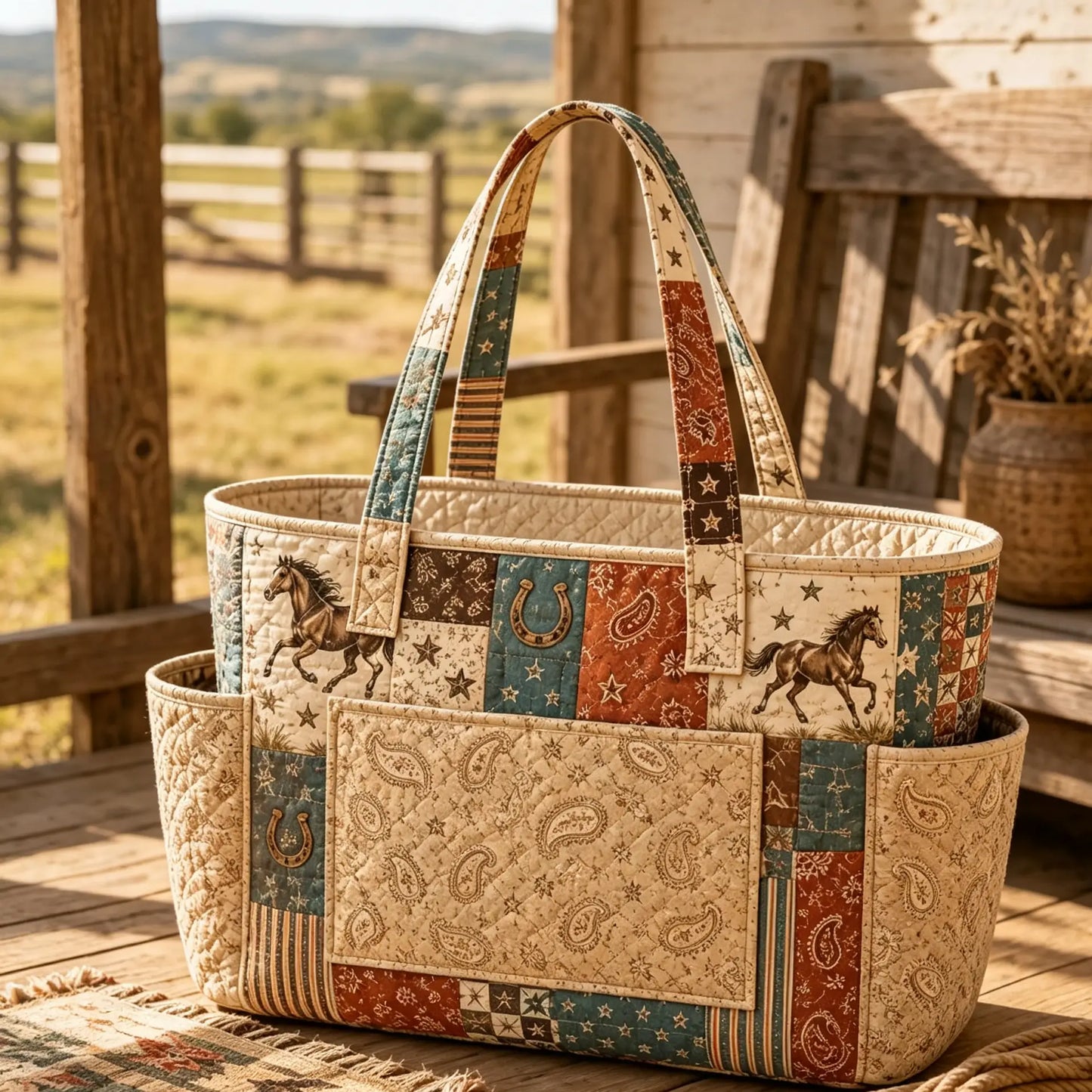 Western Horse Multiple Pockets Quilted Tote Bag