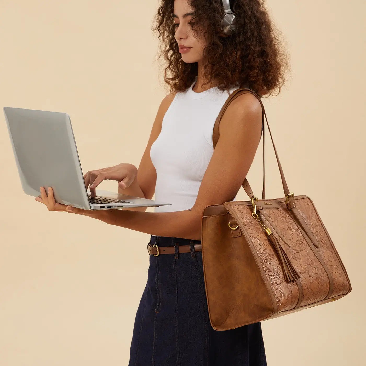 Vintage Embossed Leather Laptop Tote Set