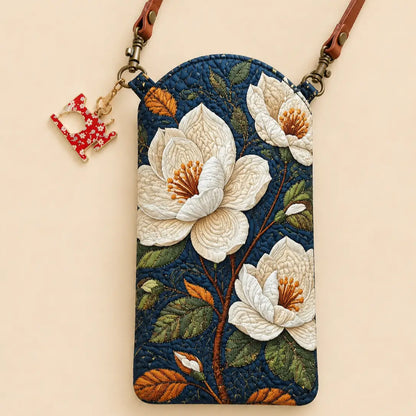 White Magnolia Flower Dark Blue Quilted Slim Phone Crossbody Bag