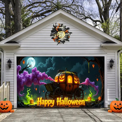 Magical Pumpkin Carriage Happy Halloween Garage Door Banner Decoration