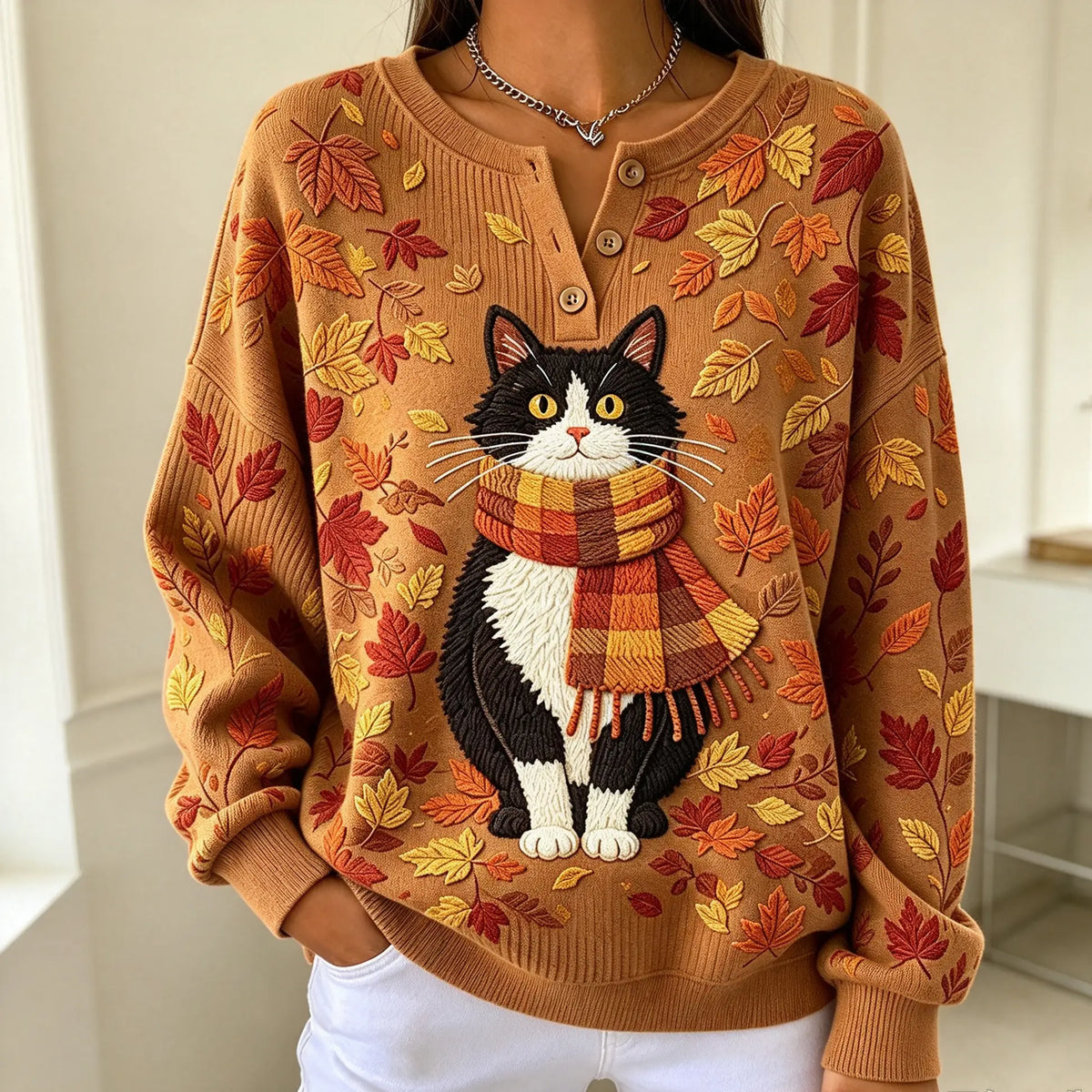 Christmas Retro 3D Digital Print Polo Sweatshirt With Buttons
