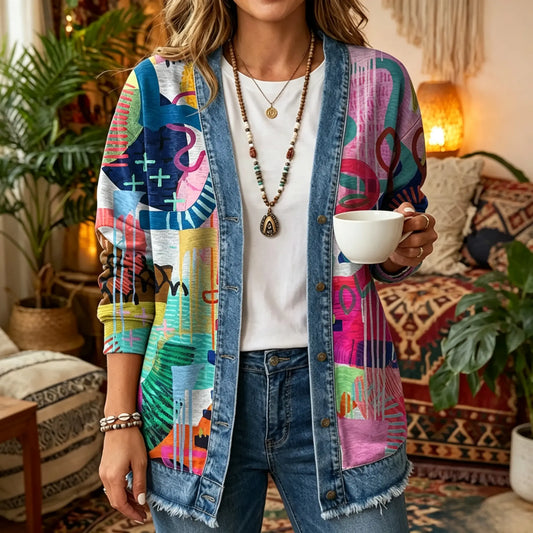 Pop Art Abstract Print 3D Digital Printing Denim Shirt
