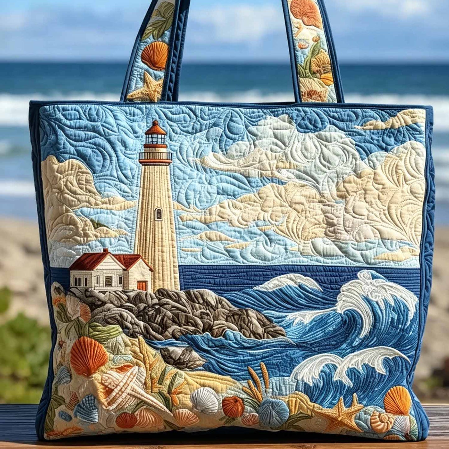 Beach Resort Lighthouse Shell Handmade Tote Bag