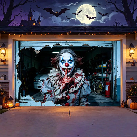 Scary Clown Break‑Through Halloween Garage Door Banner Decoration