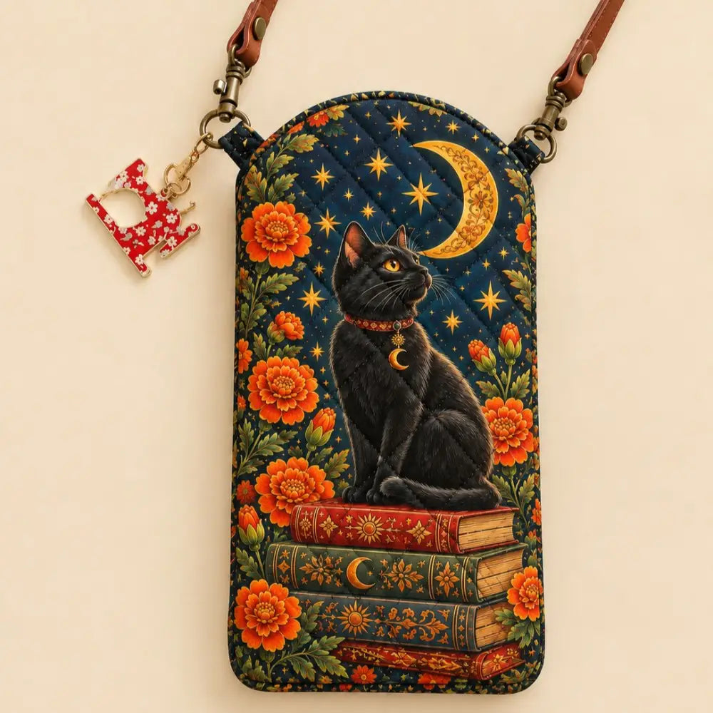 Black Cat Floral Moon Quilted Slim Phone Crossbody Bag