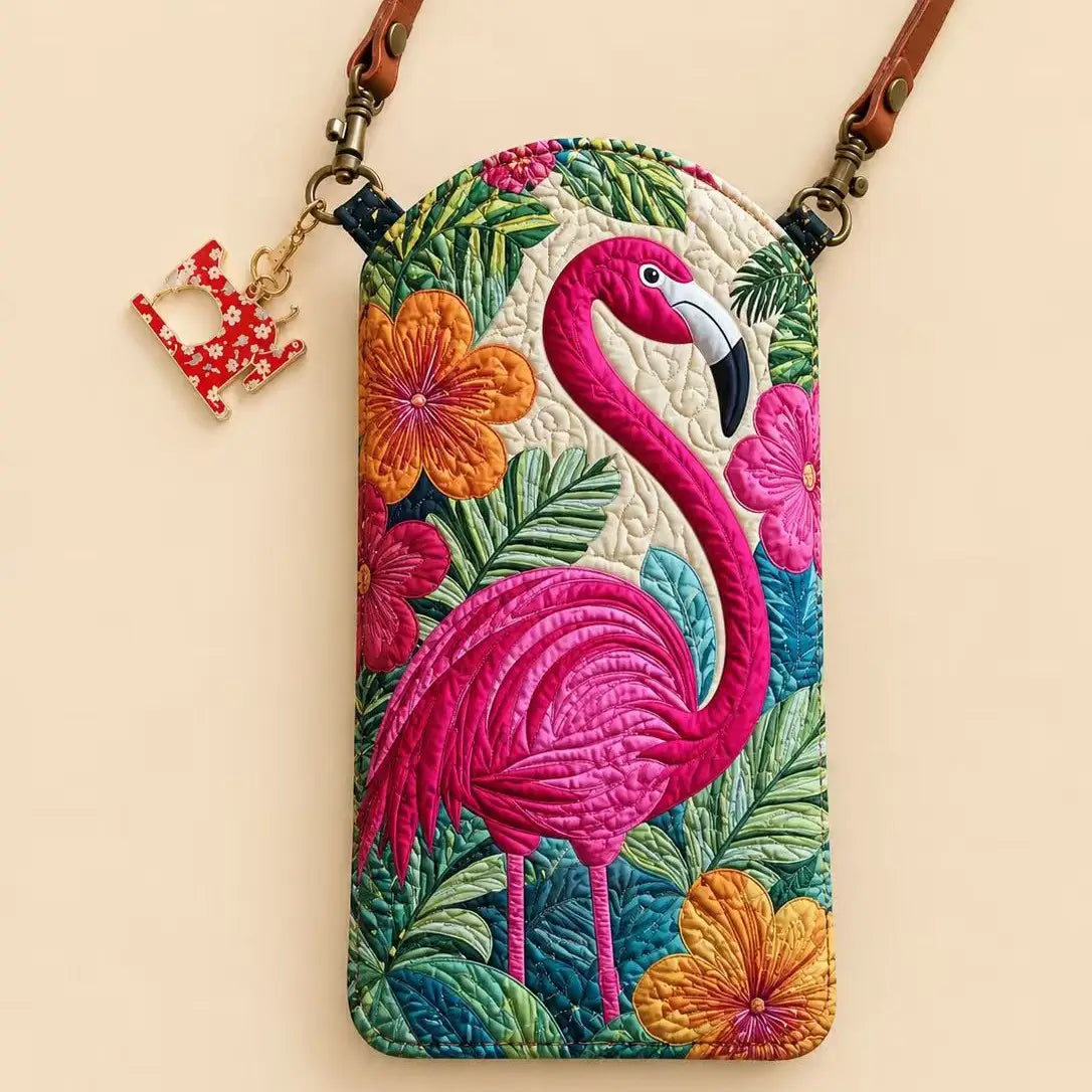 Tropical Pink Flamingo Floral Quilted Slim Phone Crossbody Bag