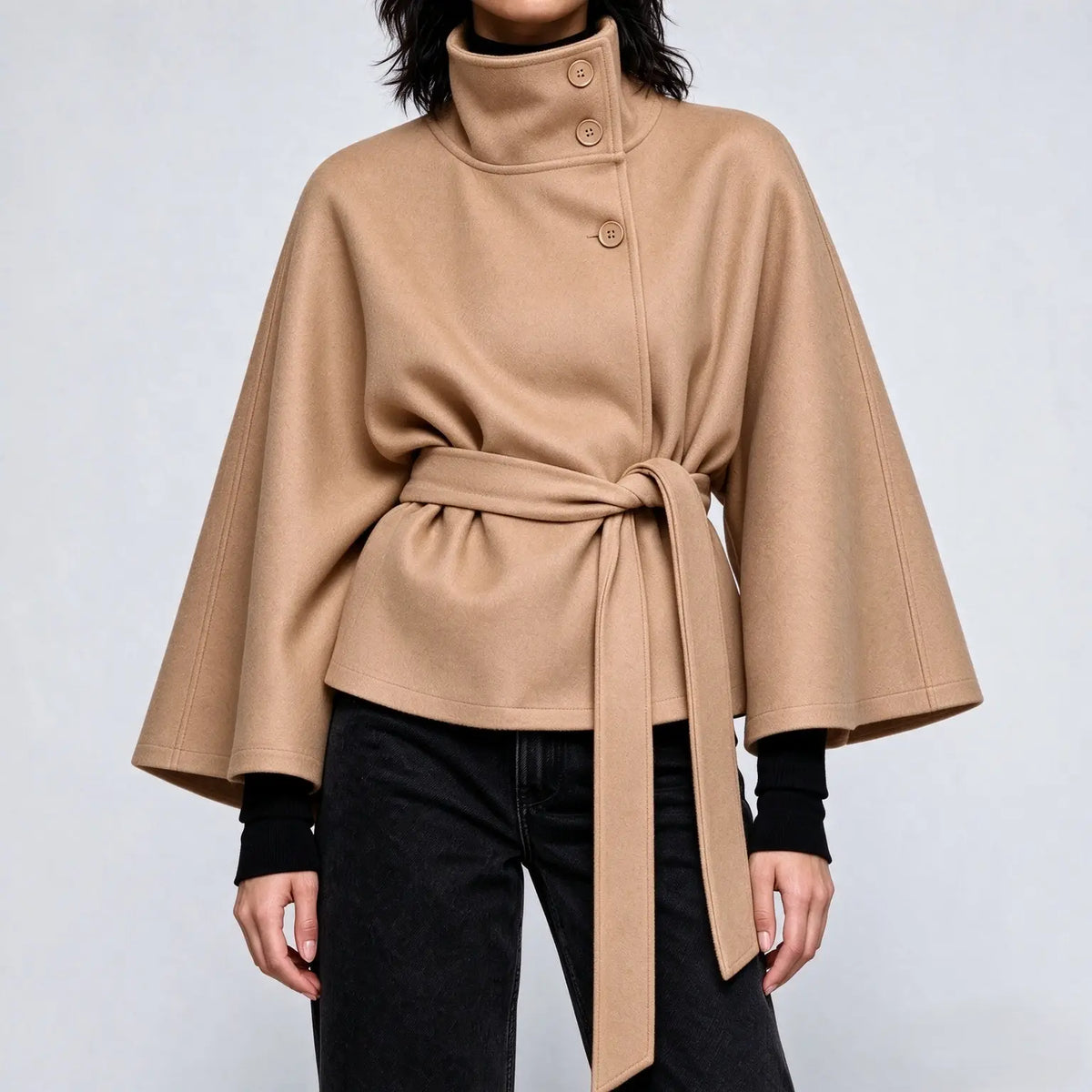 Women's Mandarin Collar Coat with Slanted Button Row
