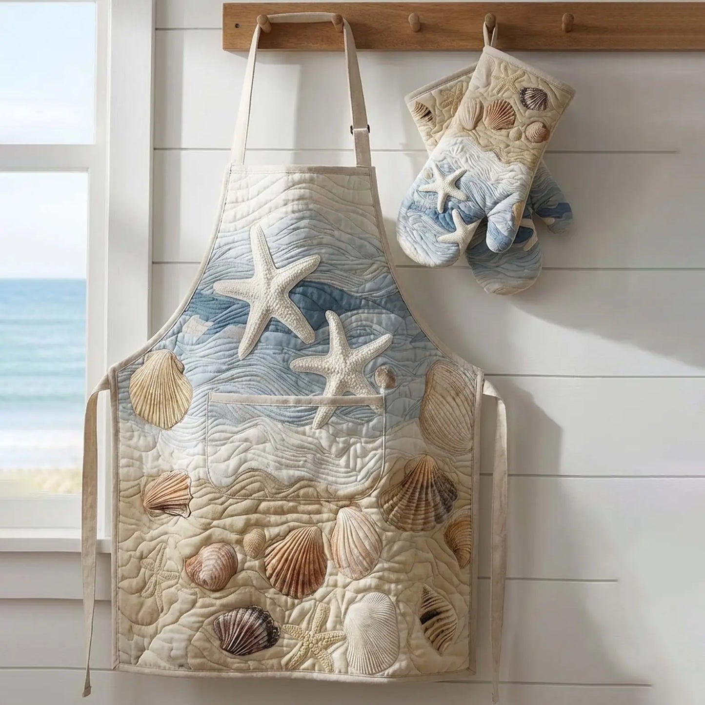 Seashell Starfish Beach Quilted Apron Set (2-Piece) – Padded Apron + Heat-Resistant Oven Mitts