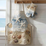 Seashell Starfish Beach Quilted Apron Set (2-Piece) – Padded Apron + Heat-Resistant Oven Mitts