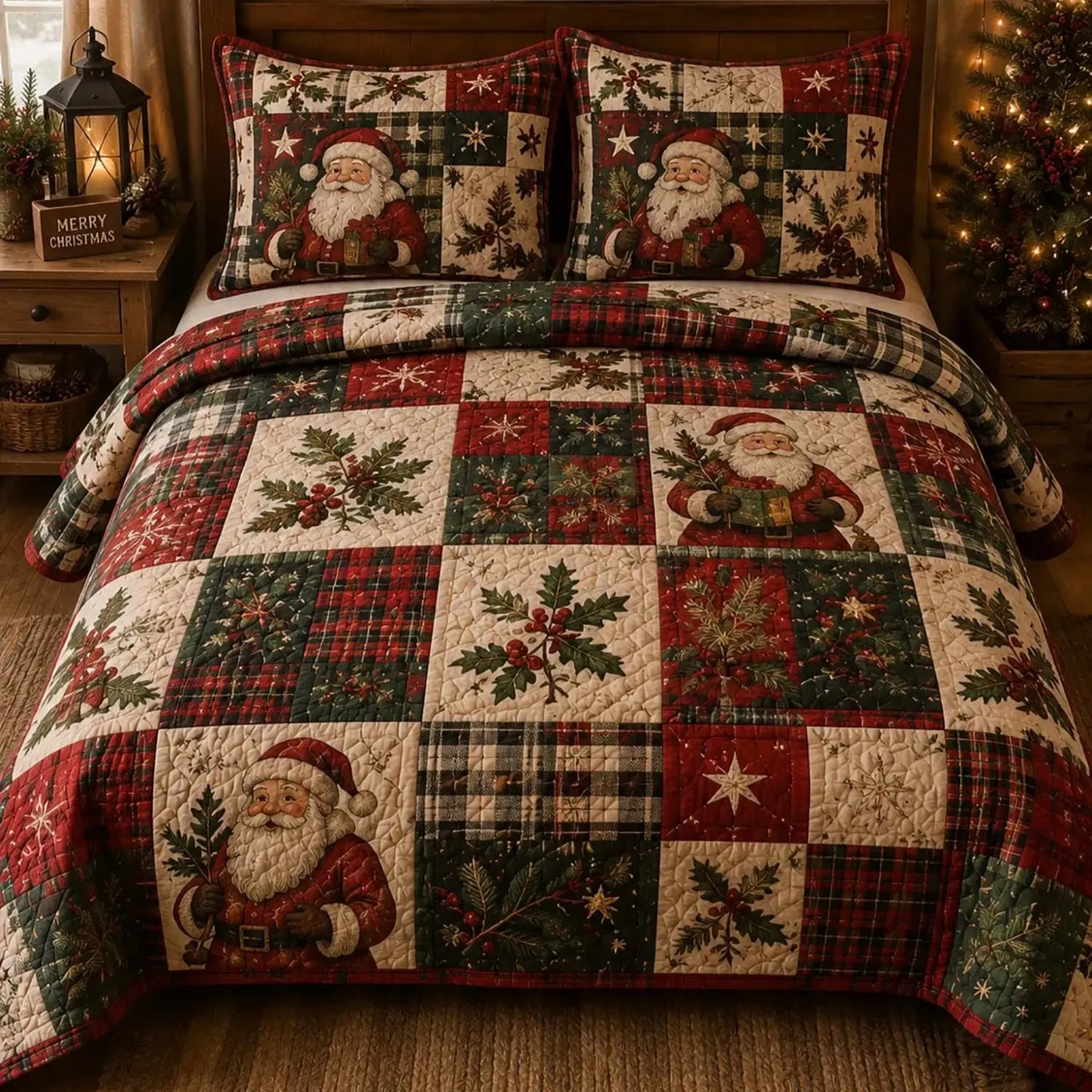 Santa Holly Plaid Quilted Bedding Set