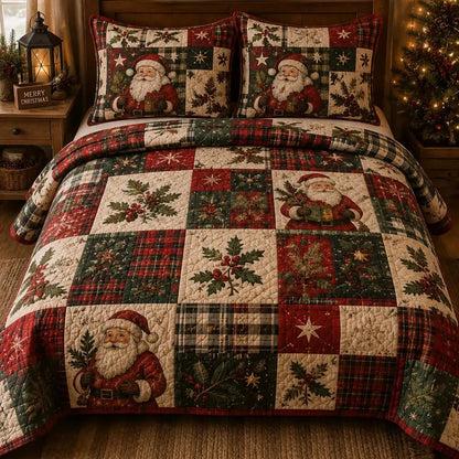 Santa Holly Plaid Quilted Bedding Set