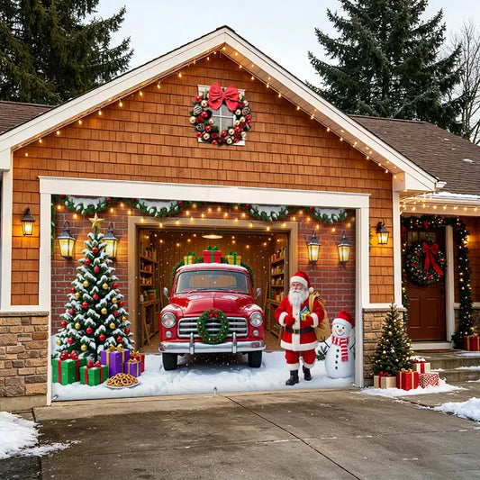 Red Vintage Truck Santa Garage Door Banner Decoration