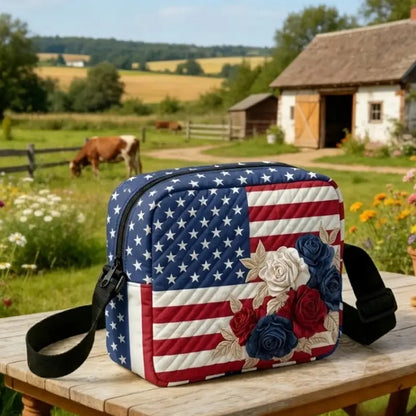 American Flag Rose Quilted Crossbody Bag