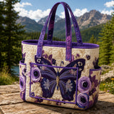 Purple Butterfly & Rose Floral Multiple Pockets Quilted Tote Bag