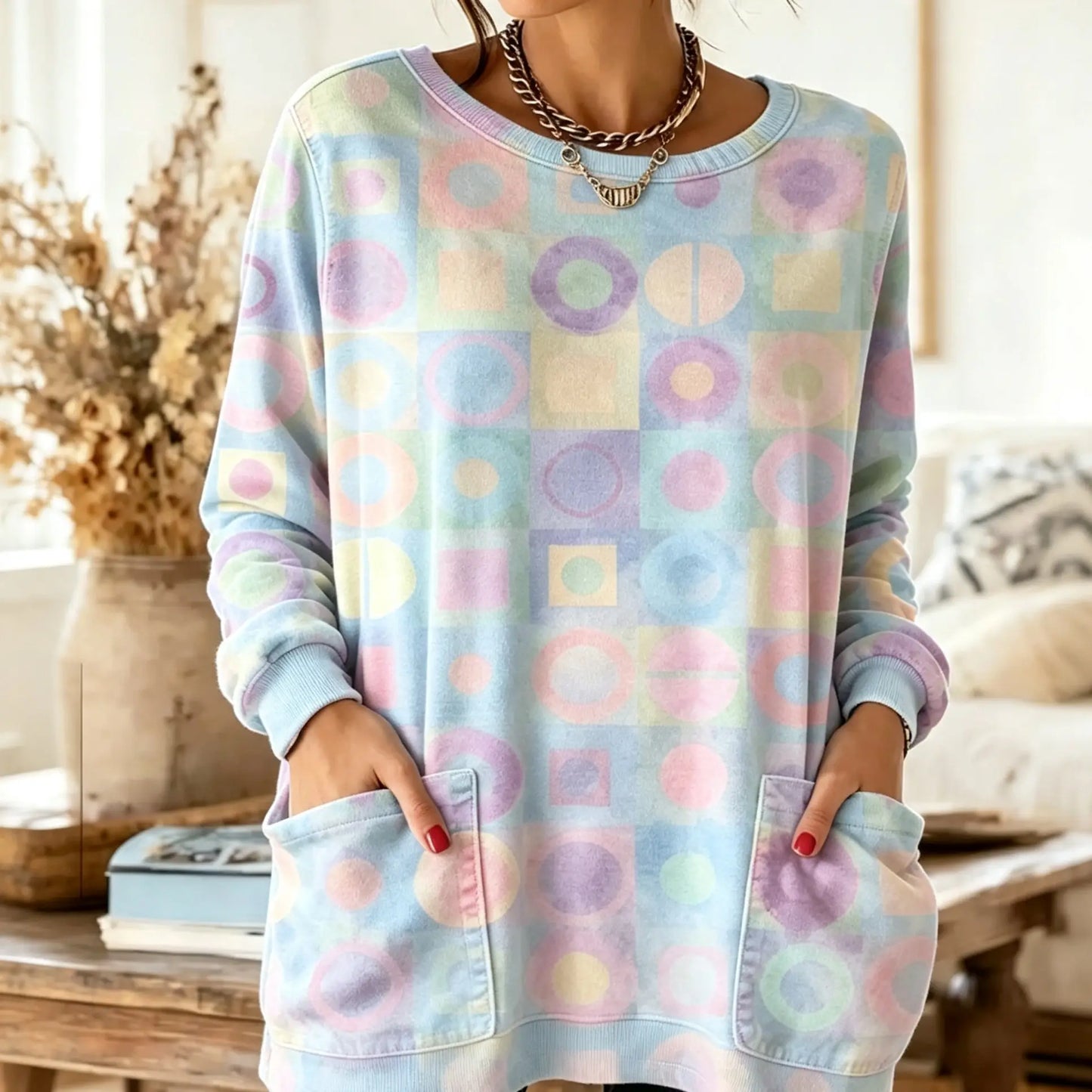Soft Pastel Colorful 3D-Print Pocket Sweatshirt