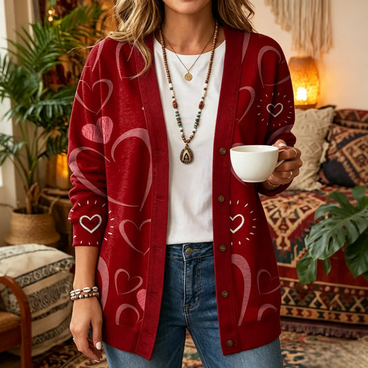 Burgundy Heart Print 3D Digital Printing Denim Shirt