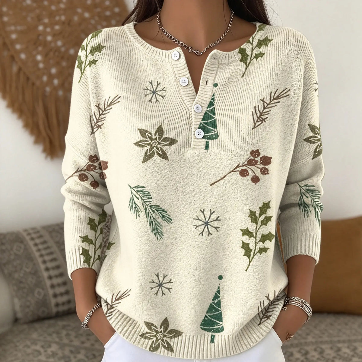 Christmas Retro 3D Digital Print Polo Sweatshirt With Buttons