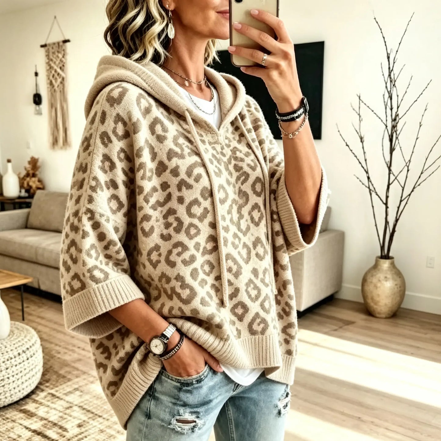 Comfortable And Casual Leopard-print Knitted Hoodie