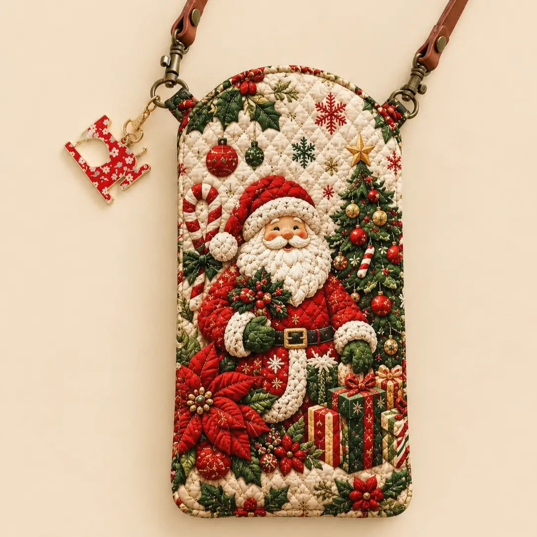 Vintage Santa with Christmas Tree Gifts Quilted Slim Phone Crossbody Bag