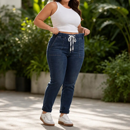 Drawstring Waist Tapered Leg Denim Joggers