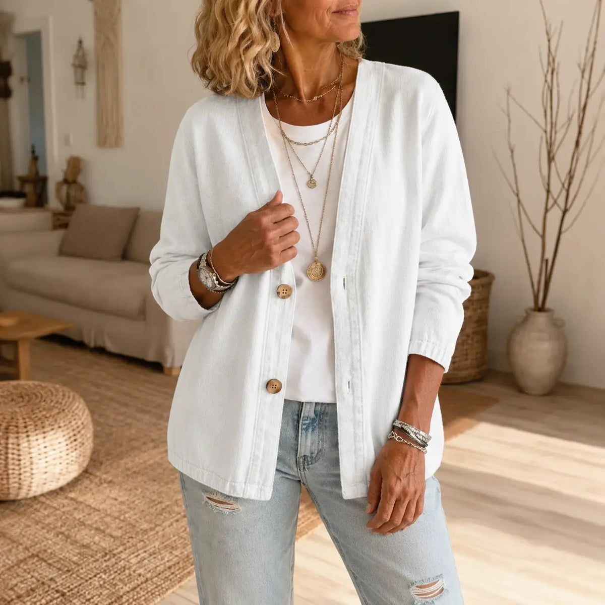Collarless Soft-Denim-Look Button-Down Cardigan