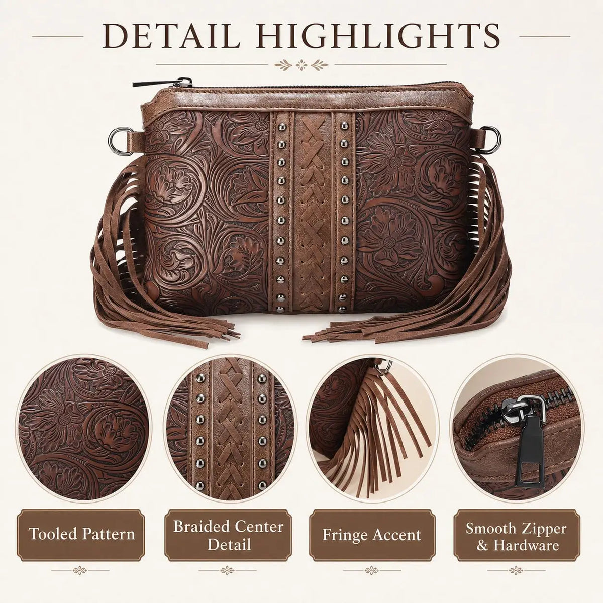 Bohemian PU Crossbody Bag with Western Fringe Tassels & Zipper Closure