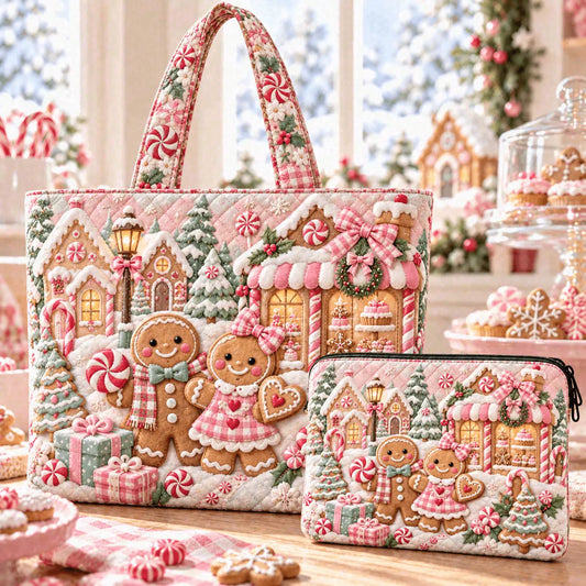 2pcs Pink Gingerbread Village Quilted Tote Bag Set