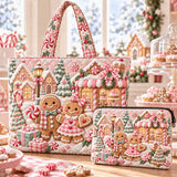 2pcs Pink Gingerbread Village Quilted Tote Bag Set