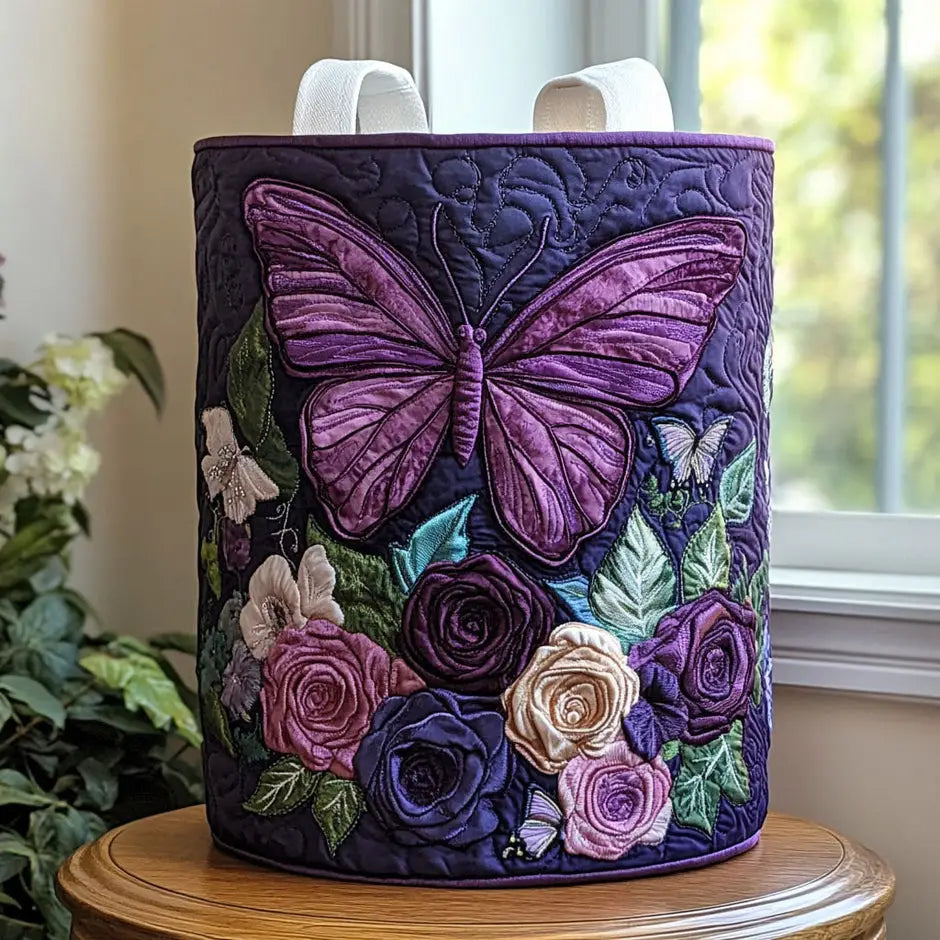 Purple Butterfly Rose Quilted Laundry Basket