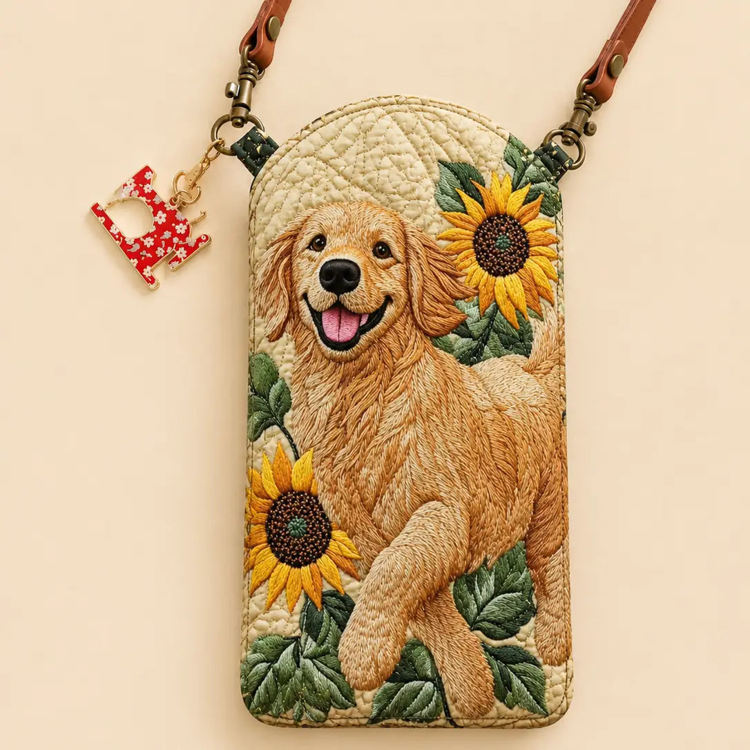 Golden Retriever Sunflower Quilted Slim Phone Crossbody Bag