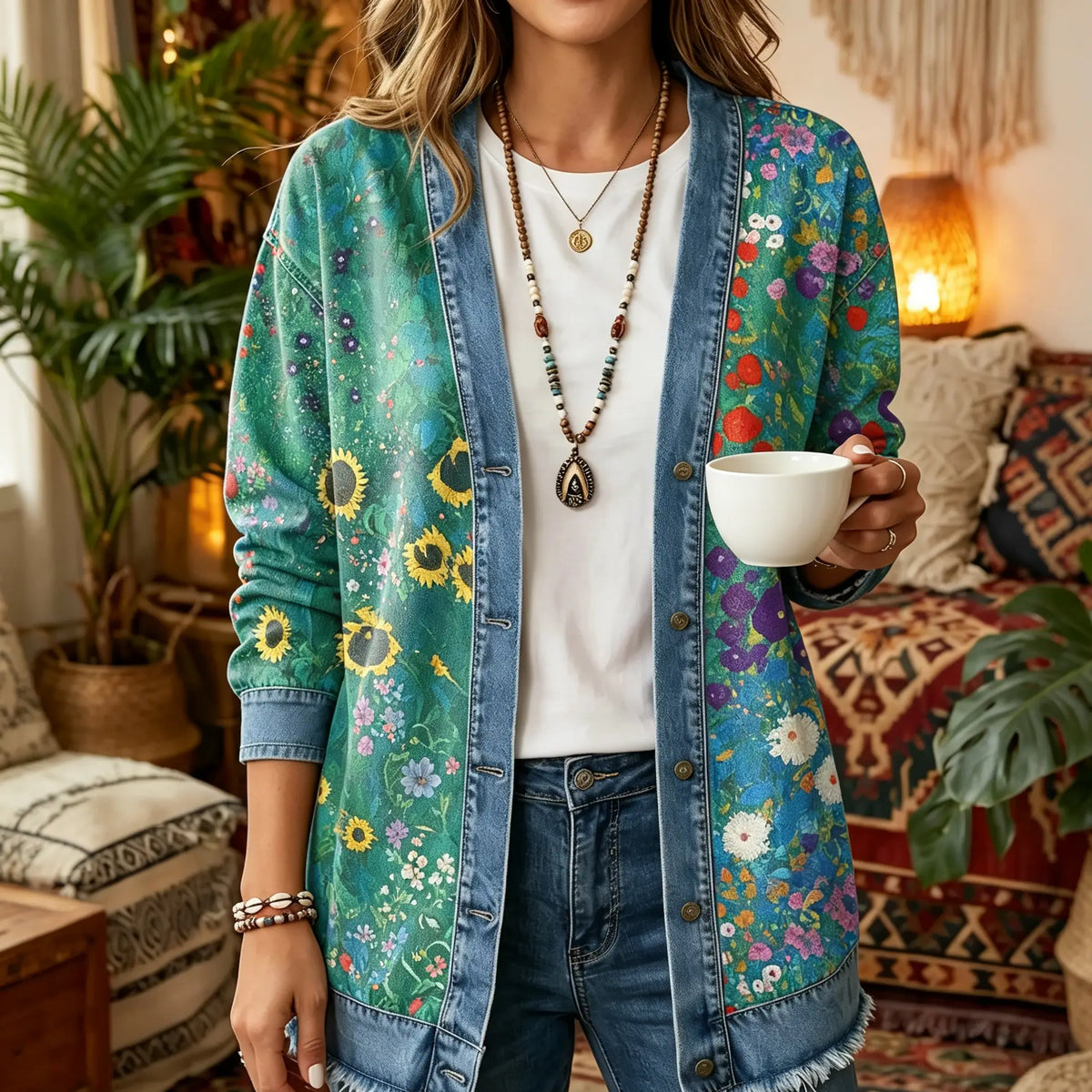 Sunflower Garden Print 3D Digital Printing Denim Shirt