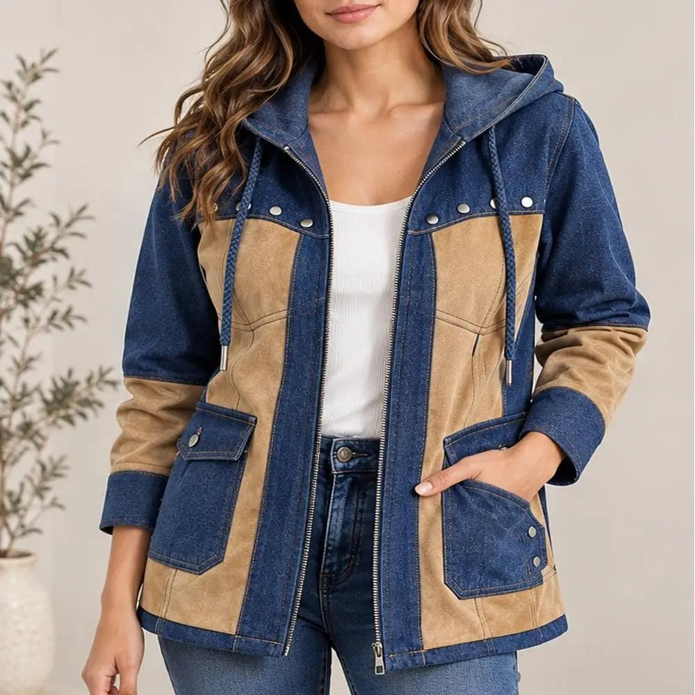 Women's Denim Jackets Long Hooded Patchwork Zip Up Jacket