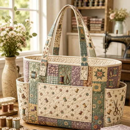 Sewing Tools Multiple Pockets Quilted Tote Bag