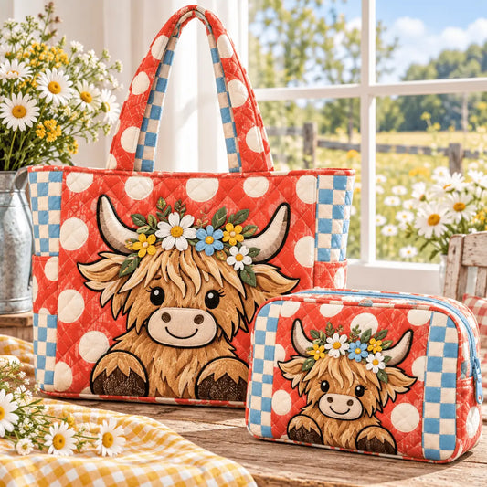 2pcs Cute Farmhouse Highland Cow Quilted Tote Bag Set