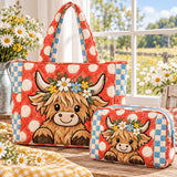 2pcs Cute Farmhouse Highland Cow Quilted Tote Bag Set