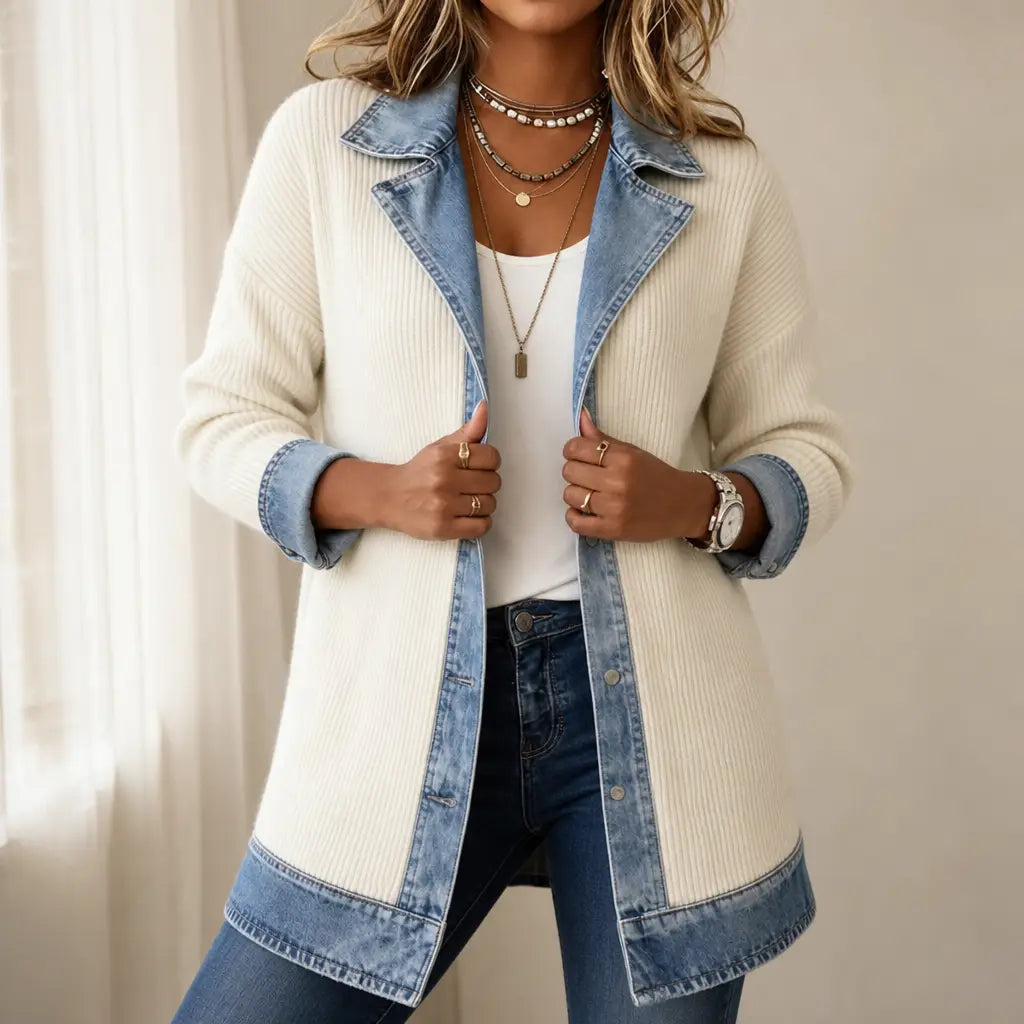 Women's Contrast Trim Collared Button Front Ribbed Knit Jacket