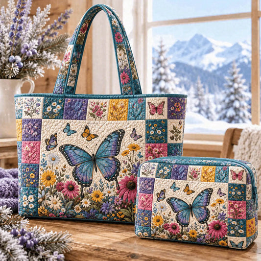 2pcs Blue Butterfly And Wildflower Quilted Tote Bag Set