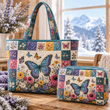 2pcs Blue Butterfly And Wildflower Quilted Tote Bag Set