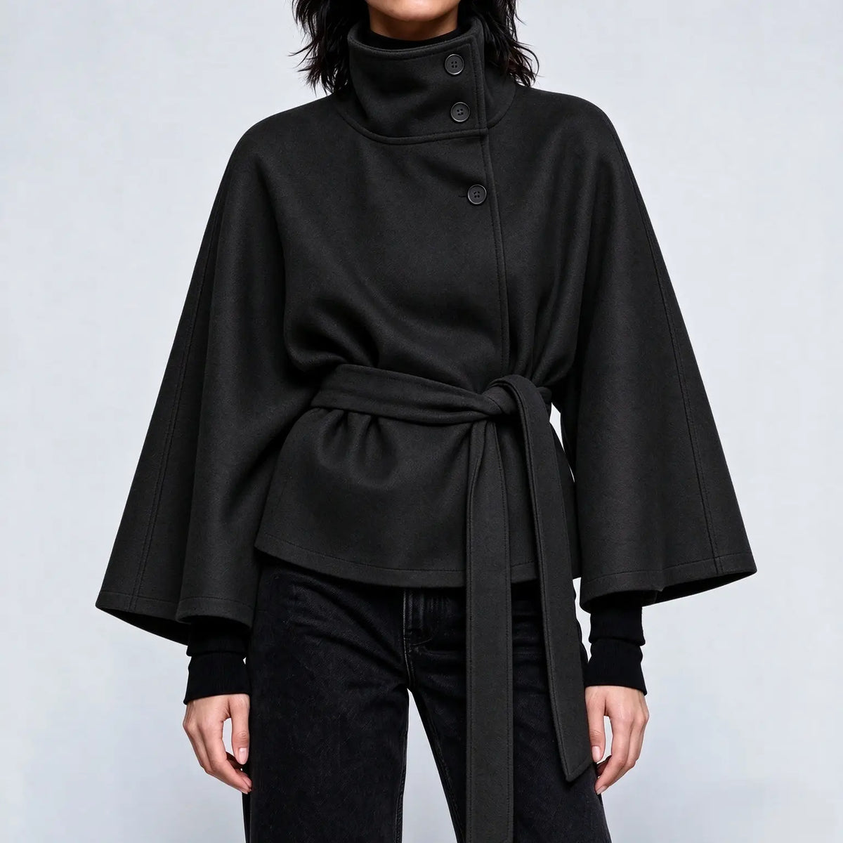 Women's Mandarin Collar Coat with Slanted Button Row