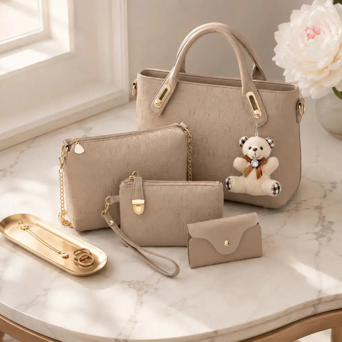 4-Piece PU Leather Tote Crossbody Matching Handbag Set