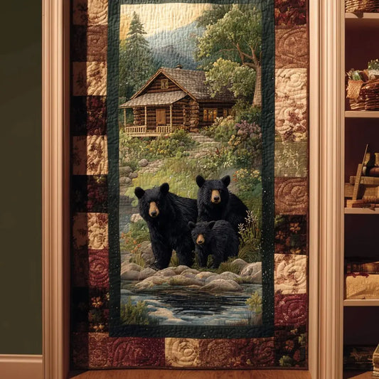 Black Bear Family Cabin Forest Rustic Quilted Door Cover